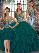 Customized Sleeveless Lace Up Floor Length Beading and Ruffles Sweet 16 Dresses