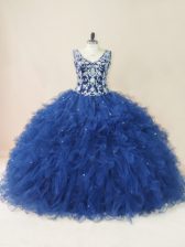  Ball Gowns Vestidos de Quinceanera Navy Blue V-neck Tulle Sleeveless Floor Length Backless