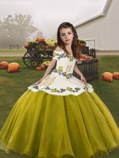 Stylish Olive Green Sleeveless Floor Length Embroidery Lace Up Kids Formal Wear