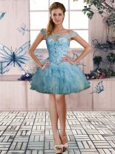  Sleeveless Mini Length Beading and Ruffles Lace Up Dress for Prom with Light Blue