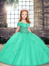 Inexpensive Aqua Blue Sleeveless Beading Floor Length Kids Pageant Dress