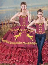  Satin and Organza Sweetheart Sleeveless Brush Train Lace Up Embroidery and Ruffles Vestidos de Quinceanera in Burgundy