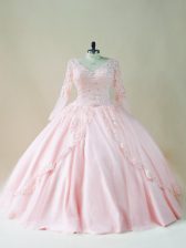  Baby Pink Satin and Tulle Lace Up V-neck Long Sleeves Floor Length 15th Birthday Dress Beading and Appliques