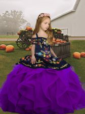  Tulle Straps Sleeveless Lace Up Embroidery and Ruffles Winning Pageant Gowns in Purple