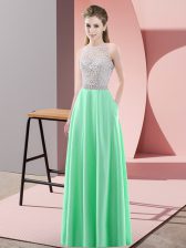 Suitable Floor Length Apple Green Prom Evening Gown Satin Sleeveless Beading