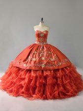 Cheap Orange Red Ball Gowns Sweetheart Sleeveless Satin and Organza Floor Length Lace Up Embroidery and Ruffles Quinceanera Gowns