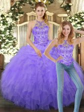  Lavender Sleeveless Floor Length Beading and Ruffles Lace Up Sweet 16 Quinceanera Dress