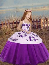  Eggplant Purple Organza Lace Up Kids Pageant Dress Sleeveless Floor Length Embroidery