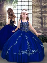 Inexpensive Royal Blue Ball Gowns Lace Straps Sleeveless Beading Floor Length Lace Up Girls Pageant Dresses