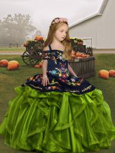 High Quality Olive Green Sleeveless Embroidery and Ruffles Floor Length Little Girls Pageant Dress Wholesale