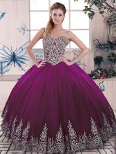Cheap Fuchsia Lace Up Ball Gown Prom Dress Beading and Embroidery Sleeveless Floor Length
