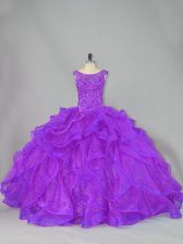  Purple Ball Gowns Organza Scoop Sleeveless Beading and Ruffles Lace Up Quince Ball Gowns Brush Train
