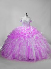  Organza Straps Sleeveless Brush Train Lace Up Beading and Ruffles and Pick Ups Sweet 16 Dress in Lilac