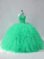 Excellent Turquoise Sleeveless Beading and Ruffles Lace Up Sweet 16 Dress