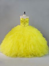 Suitable Yellow Ball Gowns Tulle Sweetheart Sleeveless Beading and Ruffles Floor Length Lace Up Sweet 16 Dresses