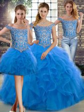 Artistic Blue Off The Shoulder Lace Up Beading and Ruffles Quince Ball Gowns Brush Train Sleeveless