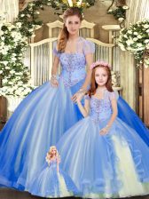  Blue Ball Gowns Tulle Strapless Sleeveless Beading and Ruffles Floor Length Lace Up Quince Ball Gowns