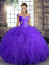  Sleeveless Floor Length Beading and Ruffles Lace Up Ball Gown Prom Dress with Purple