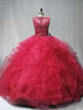 Edgy Coral Red Vestidos de Quinceanera Tulle Brush Train Sleeveless Beading and Ruffles