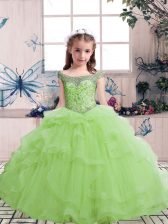  Tulle Scoop Sleeveless Lace Up Beading and Ruffles Little Girls Pageant Gowns in Yellow Green