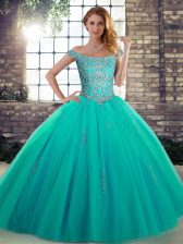  Off The Shoulder Sleeveless Lace Up Quinceanera Gowns Turquoise Tulle