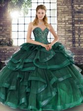 Custom Fit Peacock Green Sleeveless Beading and Ruffles Floor Length Sweet 16 Dress