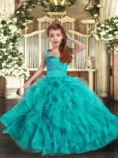 Super Aqua Blue Ball Gowns Ruffles Pageant Gowns For Girls Lace Up Tulle Sleeveless Floor Length