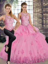  Floor Length Two Pieces Sleeveless Rose Pink Quinceanera Dresses Lace Up
