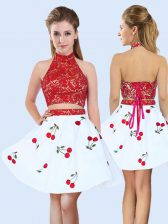 Inexpensive Mini Length White And Red Vestidos de Damas Halter Top Sleeveless Lace Up