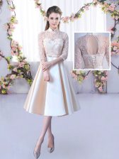 New Arrival Champagne Lace Up Dama Dress for Quinceanera Lace and Belt Half Sleeves Tea Length