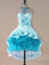  Aqua Blue High-neck Neckline Embroidery and Ruffles Sleeveless Lace Up