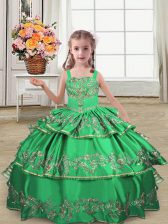 Affordable Green Ball Gowns Satin Straps Sleeveless Embroidery and Ruffled Layers Floor Length Lace Up Pageant Gowns For Girls