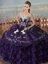 Edgy Purple Quince Ball Gowns Sweet 16 and Quinceanera with Embroidery and Ruffles Sweetheart Sleeveless Lace Up