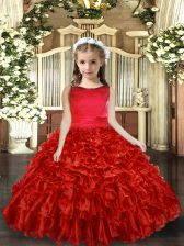 Custom Fit Red Ball Gowns Scoop Sleeveless Organza Floor Length Backless Ruffles Little Girl Pageant Dress
