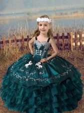 Green Ball Gowns Straps Sleeveless Organza Floor Length Lace Up Embroidery and Ruffled Layers Pageant Dress Womens