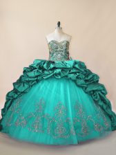  Turquoise Sleeveless Beading and Pick Ups Lace Up Ball Gown Prom Dress
