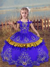 Gorgeous Blue Satin Lace Up Little Girl Pageant Gowns Sleeveless Floor Length Beading and Embroidery