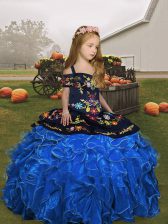 Perfect Blue Straps Neckline Embroidery and Ruffles Little Girls Pageant Gowns Sleeveless Lace Up