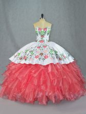  Watermelon Red Vestidos de Quinceanera Sweet 16 and Quinceanera with Embroidery and Ruffles Sweetheart Sleeveless Lace Up