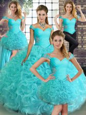 Glittering Aqua Blue Ball Gowns Beading Sweet 16 Dresses Lace Up Fabric With Rolling Flowers Sleeveless Floor Length