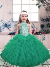  Green Tulle Lace Up High-neck Sleeveless Floor Length Child Pageant Dress Beading and Ruffles
