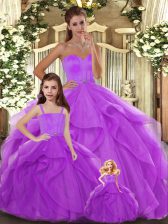 Beautiful Lilac Tulle Lace Up Sweetheart Sleeveless Floor Length Sweet 16 Dresses Beading and Ruffles