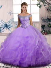 On Sale Sleeveless Floor Length Beading and Ruffles Lace Up Sweet 16 Dresses with Lavender