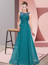 Spectacular Teal Sleeveless Floor Length Beading and Appliques Zipper Dama Dress for Quinceanera