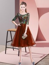  Half Sleeves Tulle Knee Length Lace Up Dama Dress in Rust Red with Embroidery