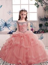 Hot Sale Sleeveless Tulle Floor Length Lace Up Girls Pageant Dresses in Pink with Beading and Ruffles