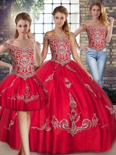 Enchanting Red Quince Ball Gowns Military Ball and Sweet 16 and Quinceanera with Beading and Embroidery Off The Shoulder Sleeveless Lace Up