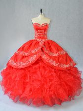 Affordable Red Sweetheart Neckline Embroidery and Ruffles Quinceanera Gown Sleeveless Side Zipper