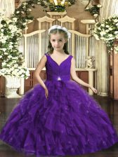 Trendy Purple Organza Backless Kids Formal Wear Sleeveless Floor Length Beading and Ruffles