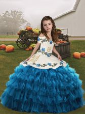 New Arrival Blue Lace Up Straps Embroidery and Ruffled Layers Girls Pageant Dresses Organza Sleeveless